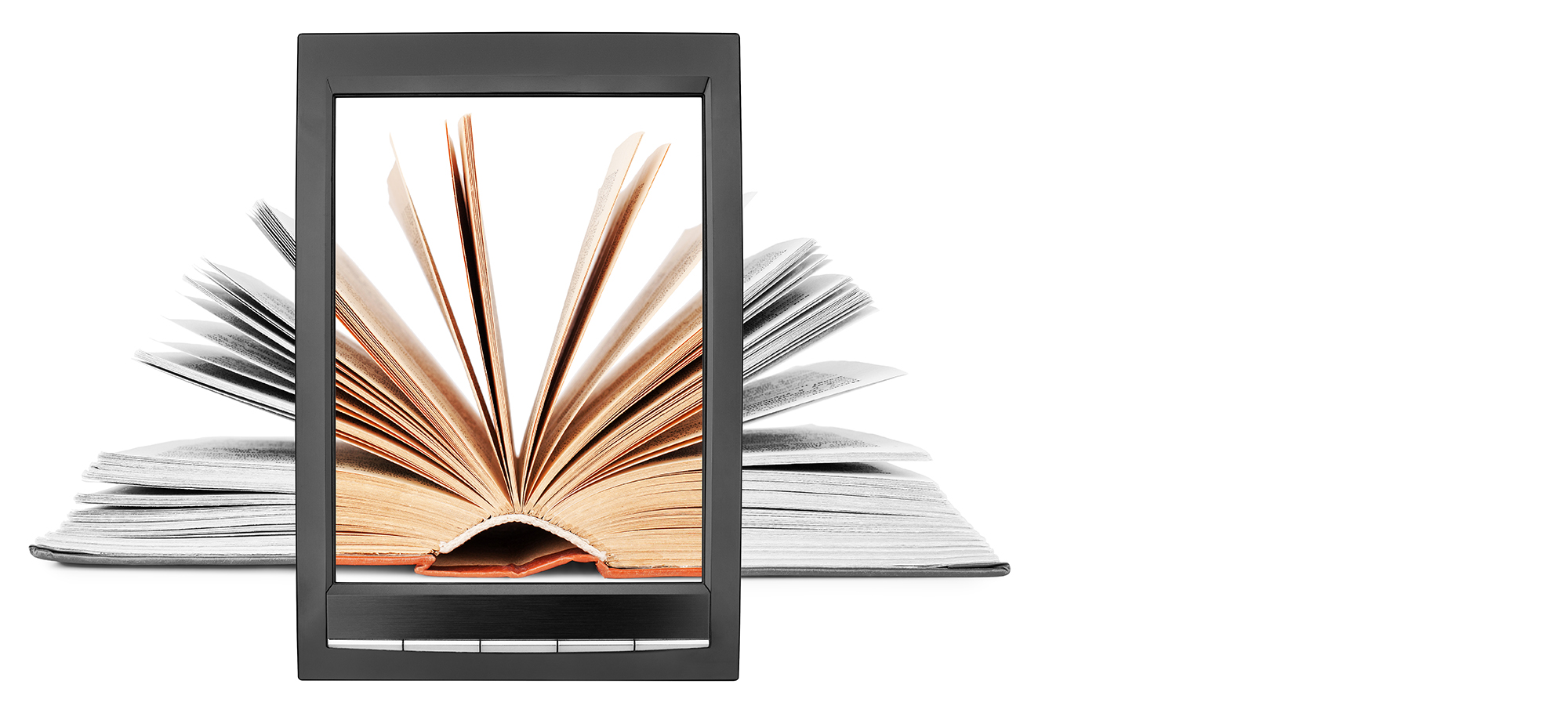 Ebook reading device superimposed on hard copy book with pages flipped open